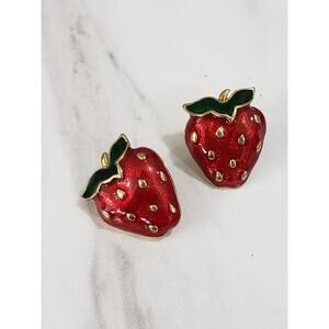 Vintage 90's Avon Very Berry Strawberry‎ Earrings Red Enamel Pierced Gold Tone